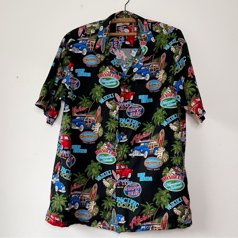 Men’s Hawaiian vintage‎ aloha classic car short sleeve black shirt L